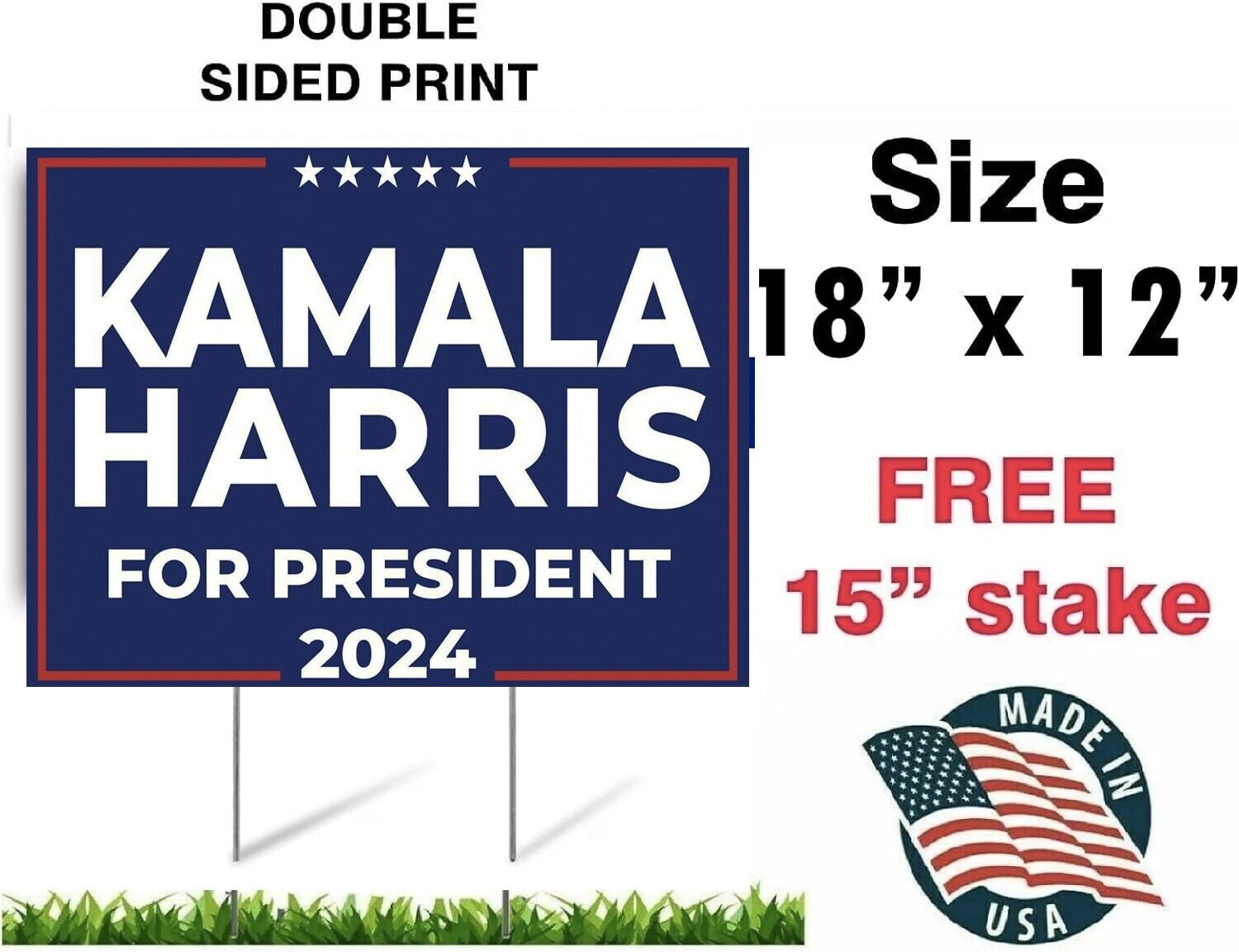 KAMALA HARRIS 2024 for President Yard Sign with Stand DOUBLE SIDED BLUE